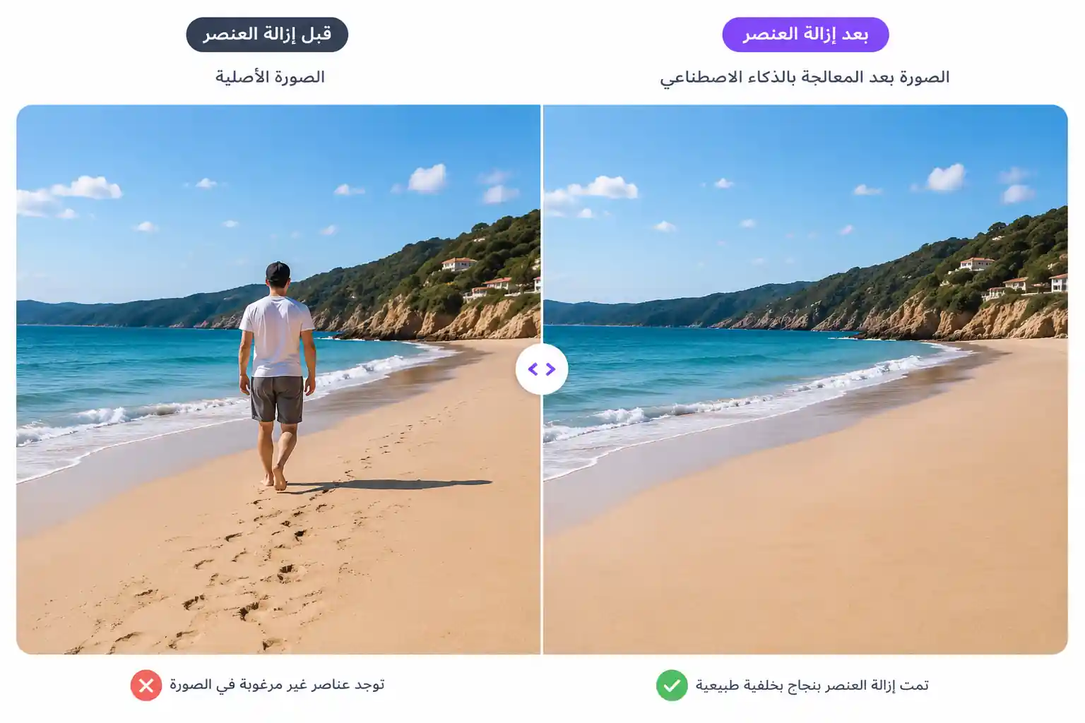 مقارنة قبل وبعد إزالة عنصر من الصورة بالذكاء الاصطناعي